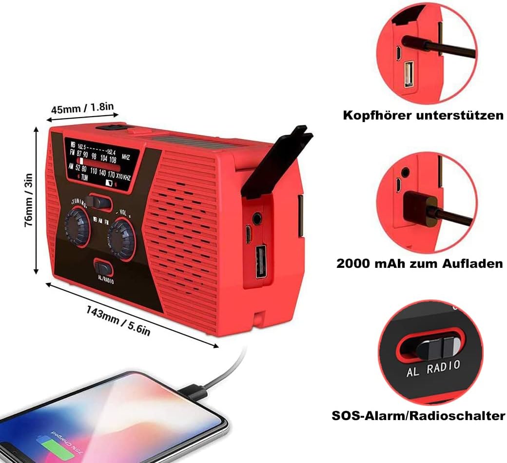 Multifunktionales Solar Radio Handkurbel, Wiederaufladbar 2000 mAh AM FM NOAA Notfallradio Kurbelrad