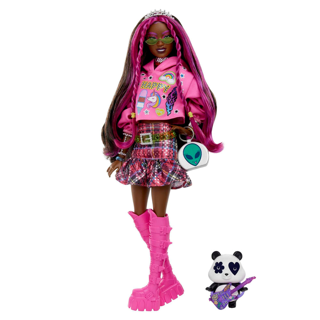 Barbie-Puppe mit Panda, Barbie Extra, Kinderspielzeug, Kleidung und Accessoires, brünettes Haar mit