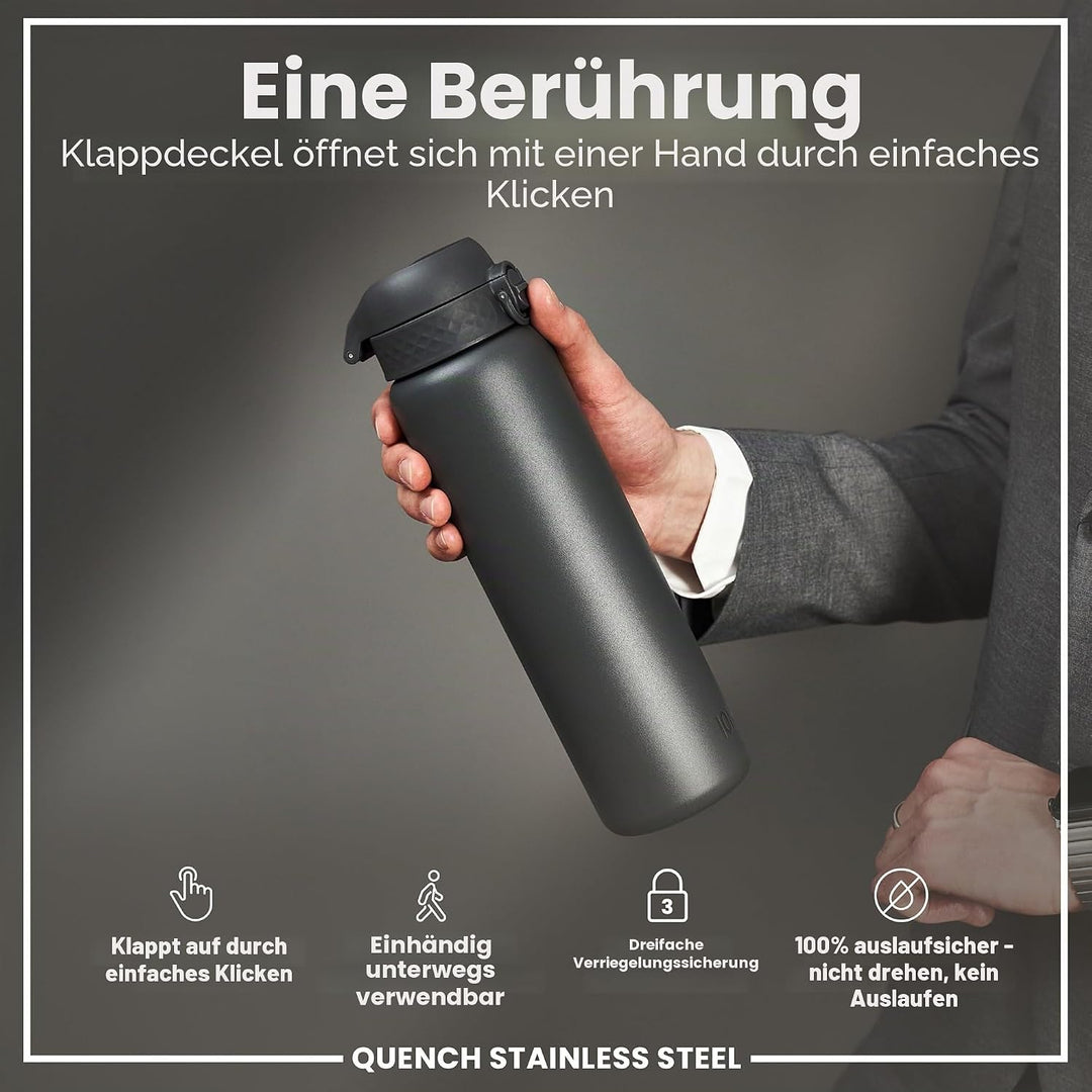 Ion8 1 Liter Edelstahl Trinkflasche, Auslaufsicher, Einhandöffnung, Sichere Verriegelung, Spülmaschi