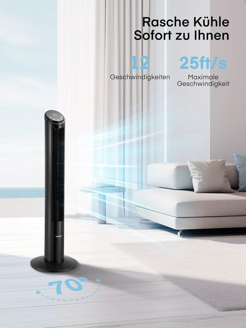 FOHERE Turmventilator Sehr Leise mit Fernbedienung für Zuhause, 102cm Oszillierender Leiser Gleichst