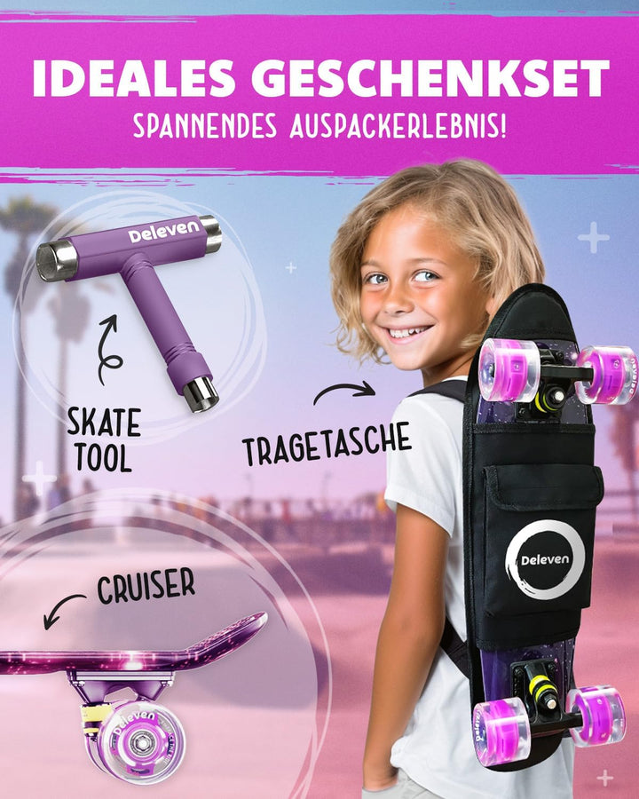 Deleven Skateboard mit Tragetasche, LED Rollen, Skate Tool und ABEC 7 Lager - Kinder Erwachsene Anfä