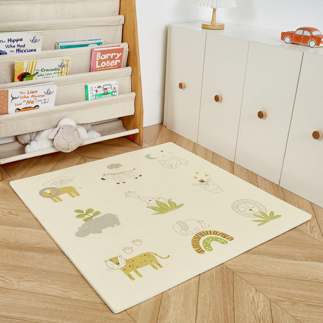 Hakuna Matte Stylische Puzzlematte Baby 0,9x0,9 m Safari Tiere – 9 Platten à 30x30cm – 20% dickere &