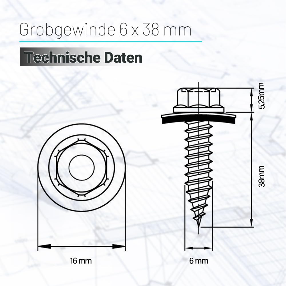 VOOXA 100 Stück Dünnblechschrauben 6,0x38mm, SW8, Bi-Metall Edelstahl A2 mit Stahlspitze, 16mm EPDM