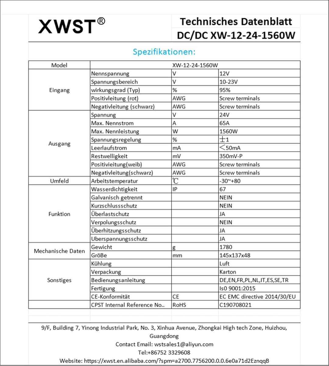 DC 12V auf 24V Spannungswandler 1-20A (XW-12-24-65A), XW-12-24-65A