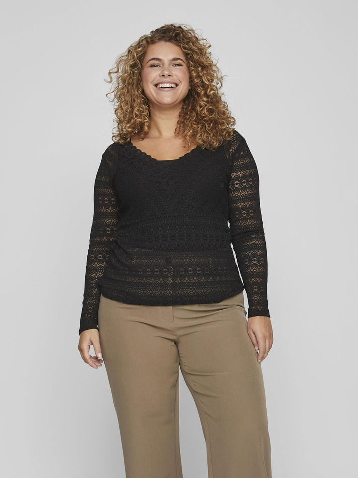 Vila Damen Evoked by Vichikka V-Neck L/S Top/Cur-Noos Langarmshirt 46 Grosse Grössen Schwarz, 46 Gro