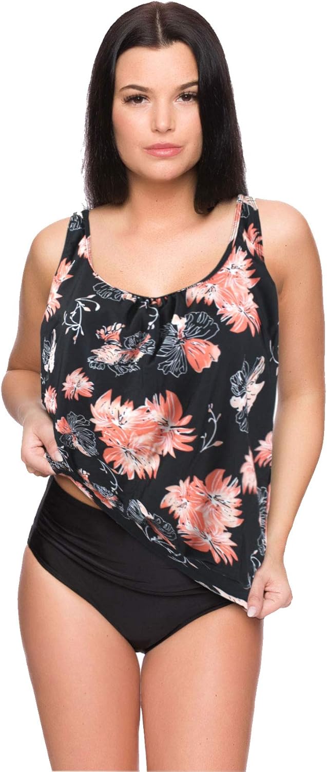 Octopus Oversize Tankini Set mit High Waist Slip 2tlg. Badeanzug f5493 46 Tankini Schwarz/Apricot, H