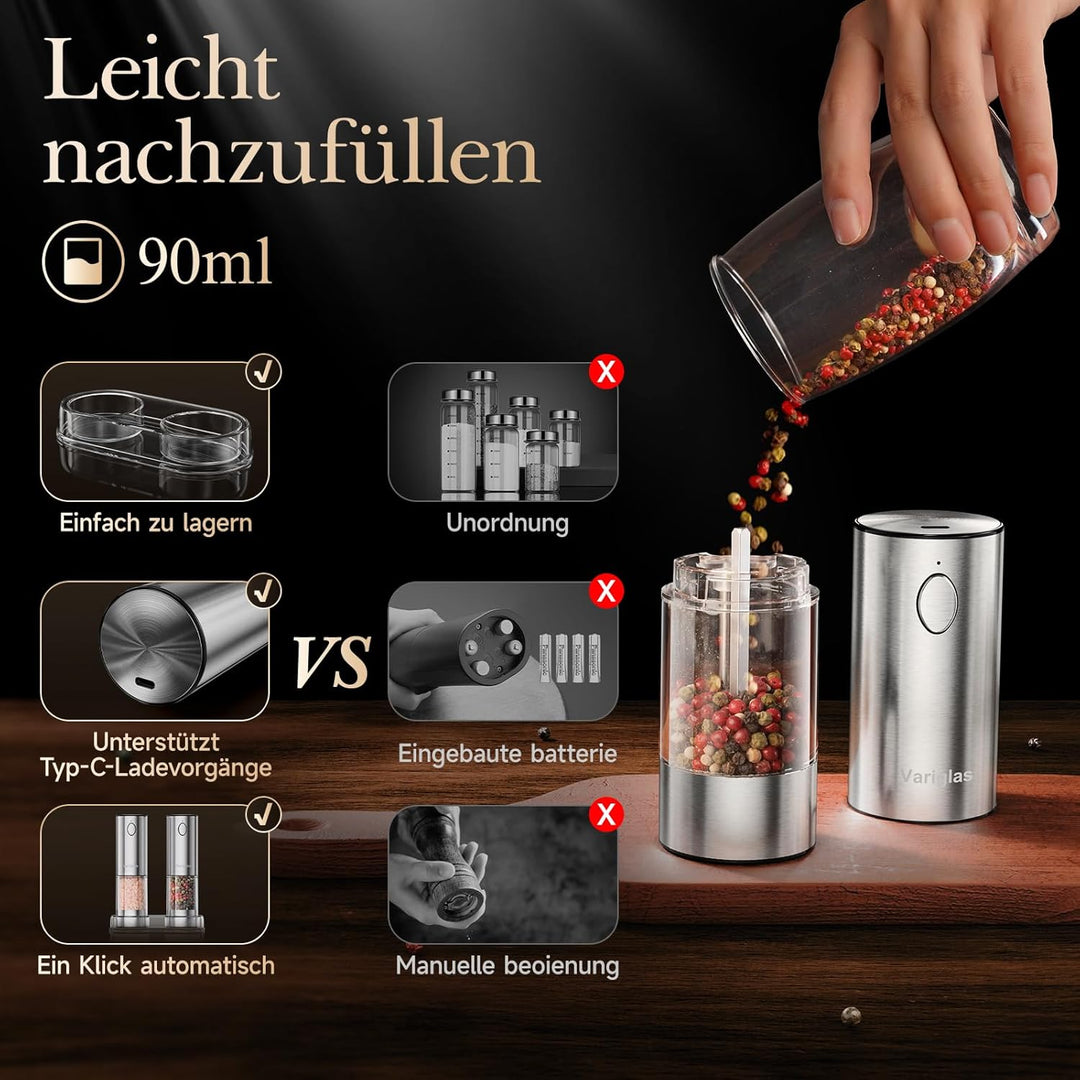 Variglas Salz und Pfeffermühlen Elektrische 2er Set mit USB Wiederaufladbarer,Verbesserte grosse Kap