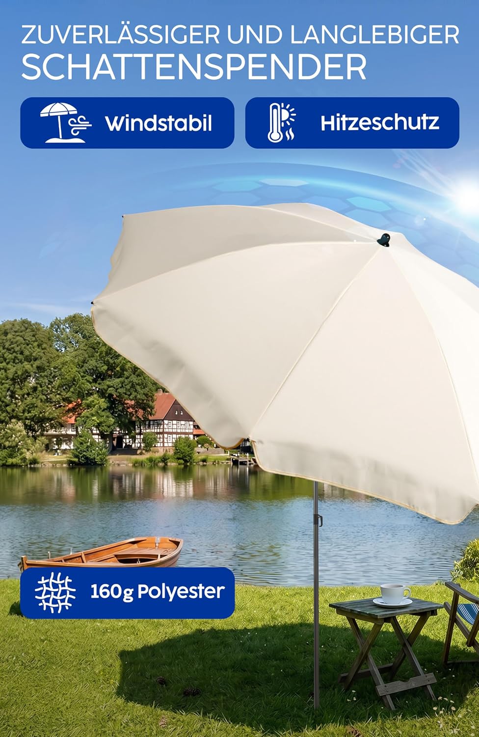 4smile Sonnenschirm Strand SunnyJoy, Beige - UPF 50+ Strandschirm Ø 180 cm, sicherer Sonnenschutz St