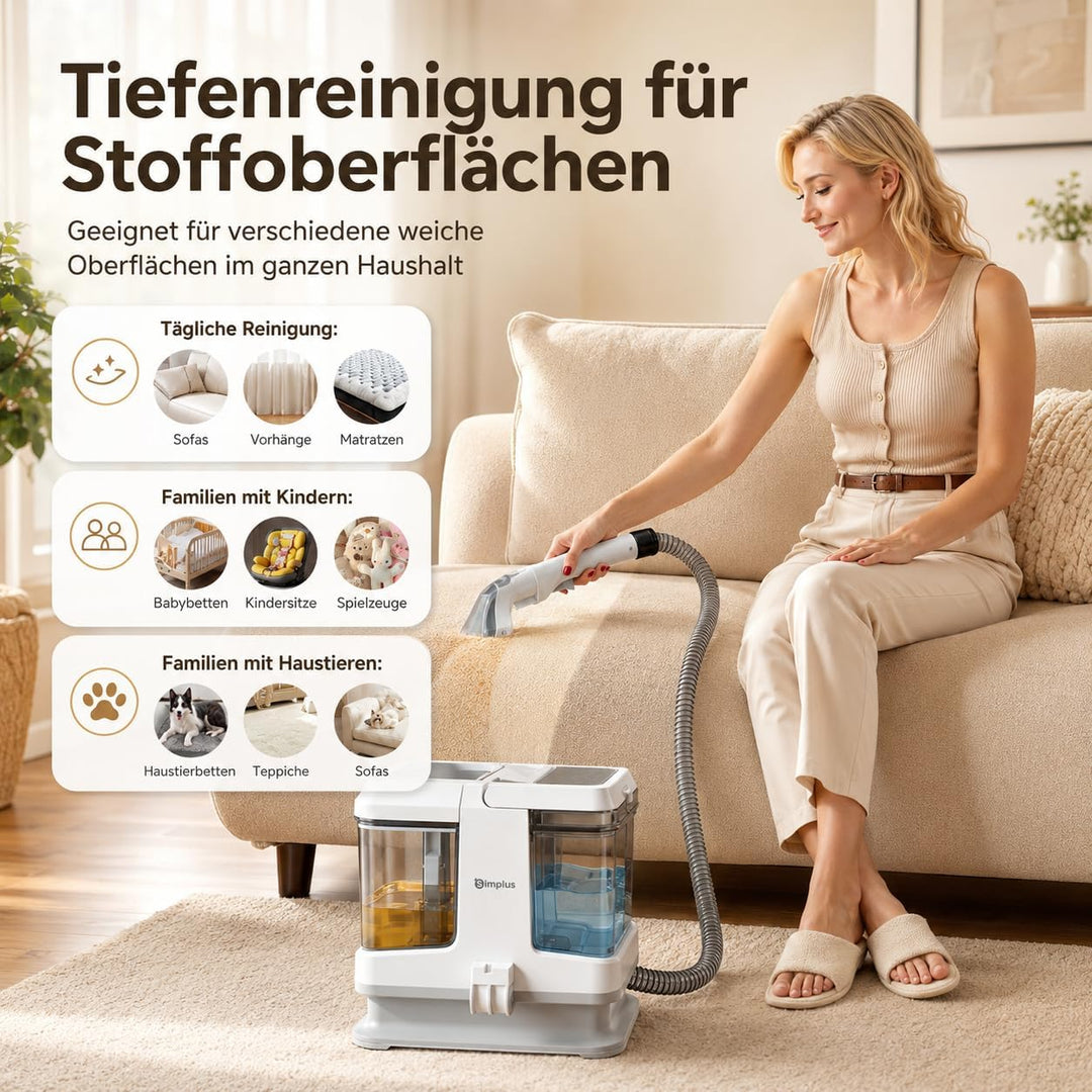 SIMPLUS Waschsauger Polsterreiniger Gerät, 12000Pa Teppichreiniger mit 2-Tank System, Kompakter Nass