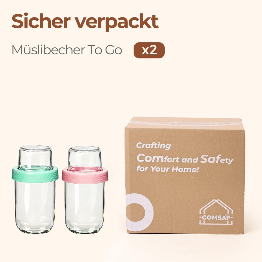 ComSaf 2er Müslibecher to go, 480ml+120ml Overnight Oats Gläser, Joghurtbecher to go mit Doppelschic