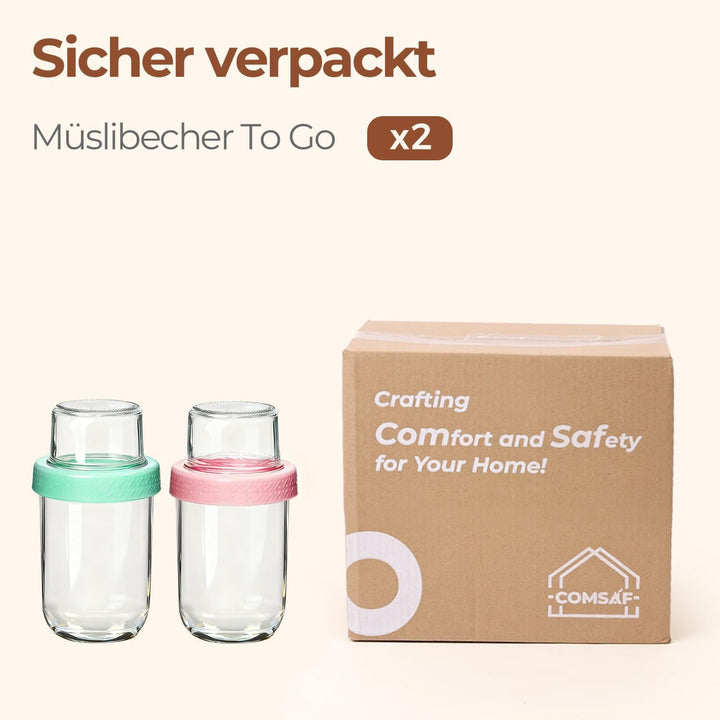 ComSaf 2er Müslibecher to go, 480ml+120ml Overnight Oats Gläser, Joghurtbecher to go mit Doppelschic