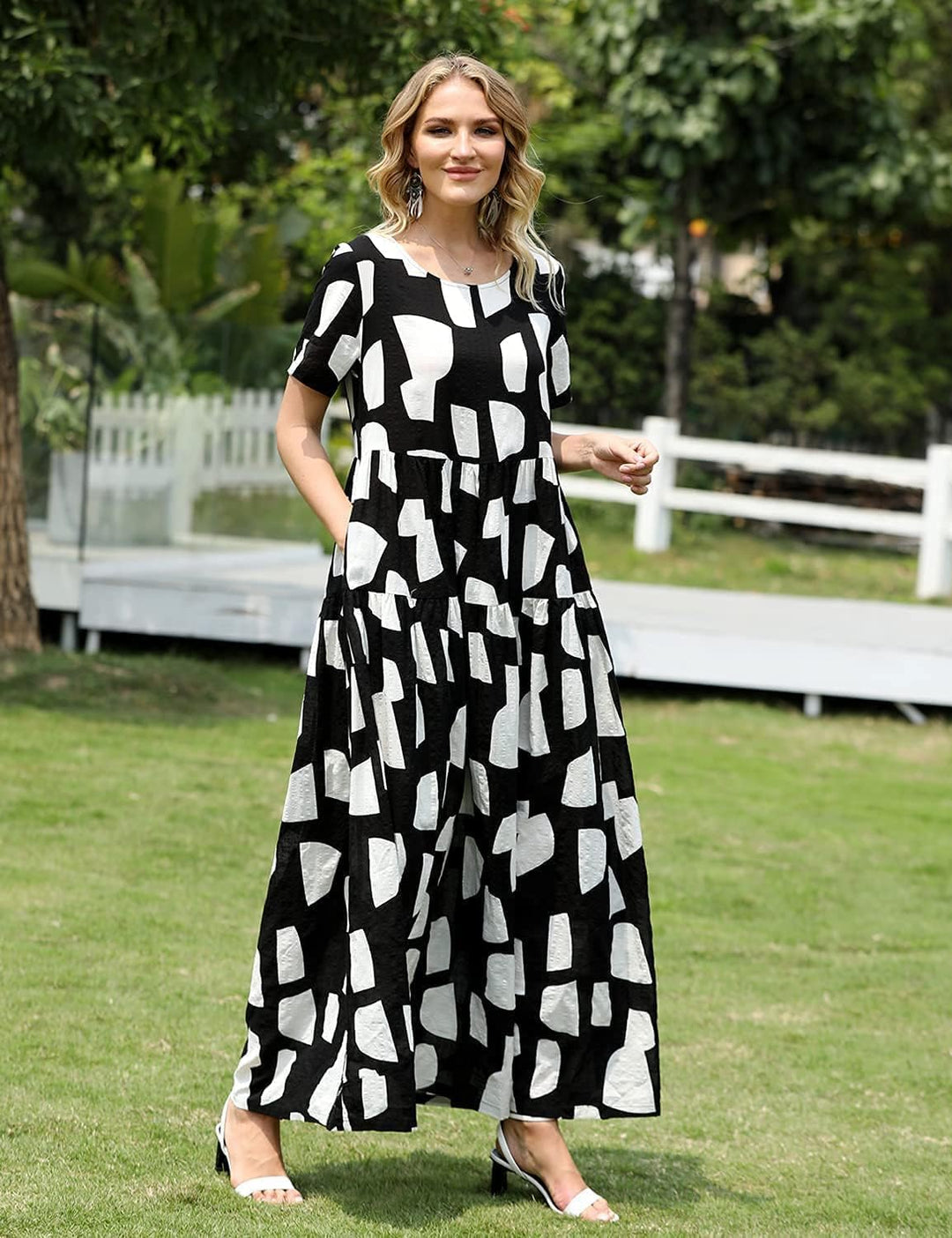 YESNO Damen Kleider Freizeit Lose Sommerkleid Lang Boho Maxikleid für Rundhals Strandkleid Blumenkle