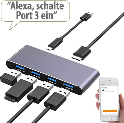 Xystec WiFi USB Hub: WLAN-USB-3.0-Hub mit 4 einzeln schaltbaren Ports, App, Sprachsteuerung (Funk US