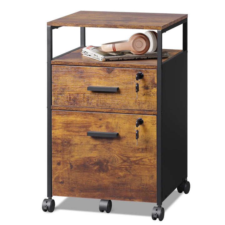 DEVAISE Rollcontainer mit 2 Schubladen und offenen Ablagen, Mobiler Aktenschrank mit Rollen, Drucker