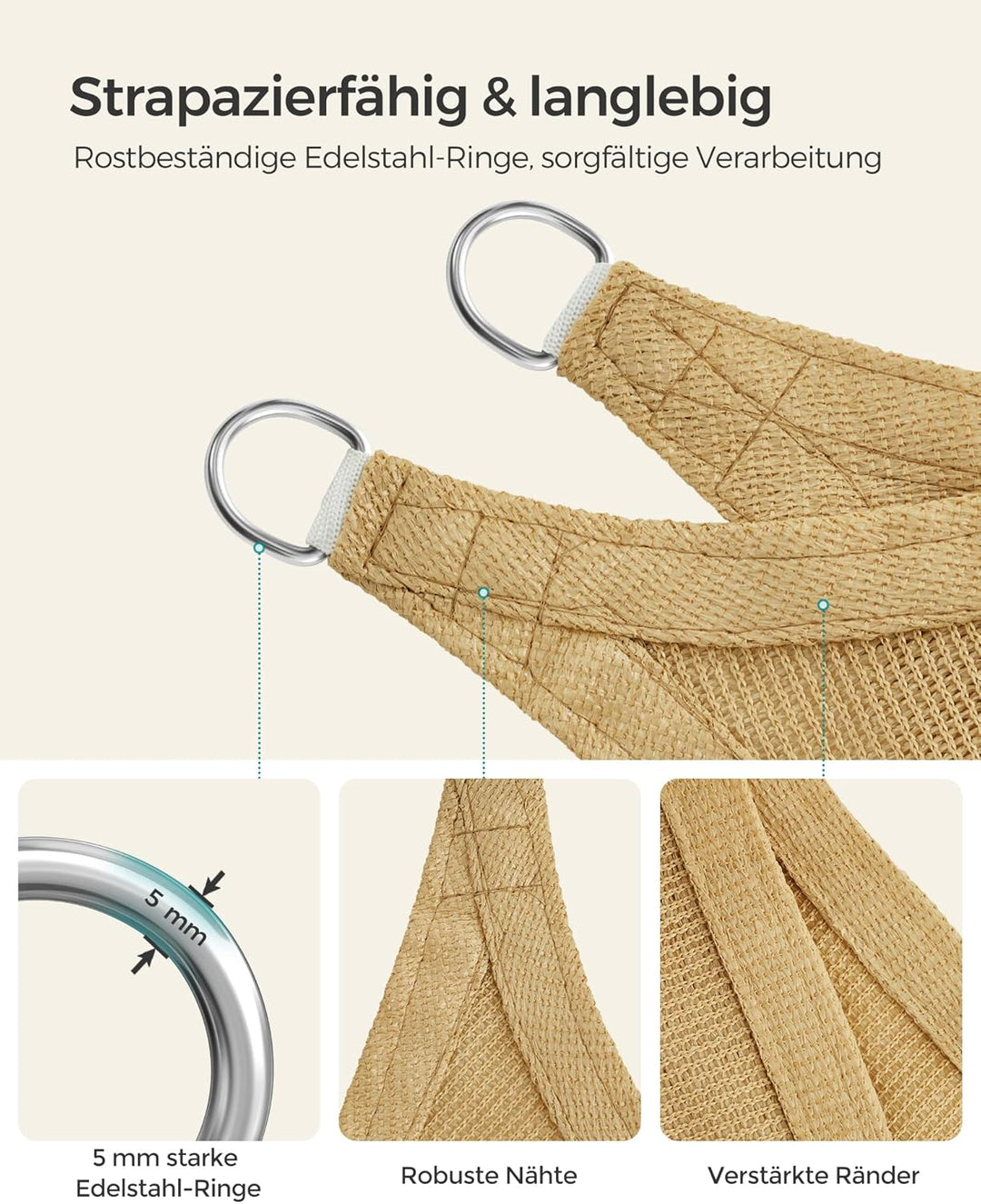 SONGMICS Sonnensegel 2 x 2 m, Sonnenschutz aus HDPE-Gewebe, luftdurchlässig, wasserdurchlässig, für