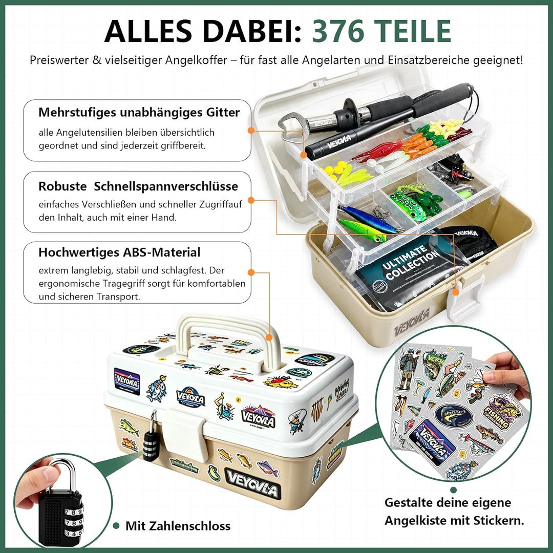 376 Stück Angelzubehör Set,Angeln Köder Set Angelkoffer mit Zubehör- Fischtöter Angelzange Hakenlöse
