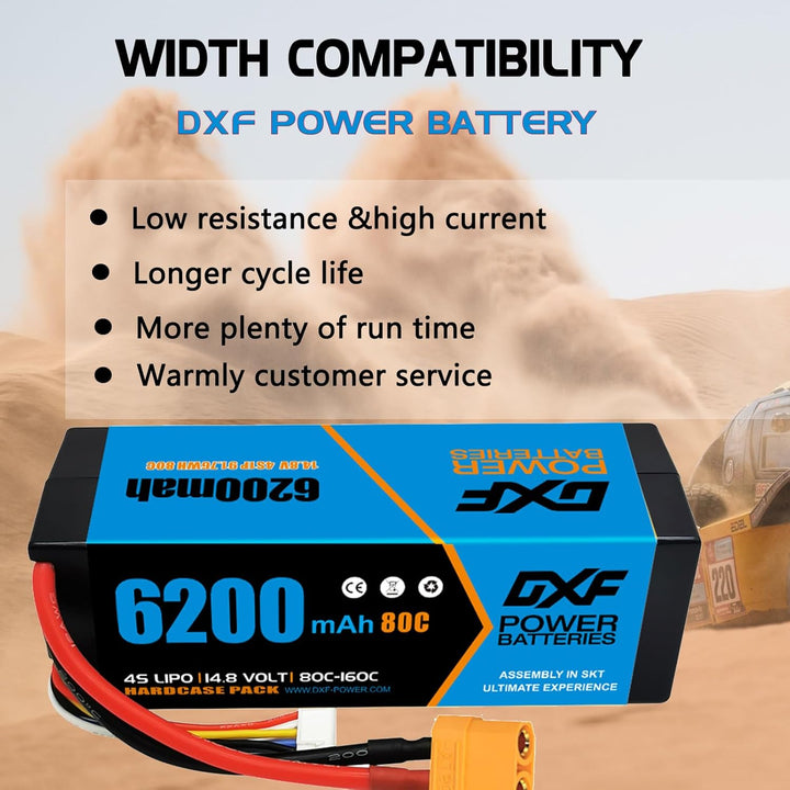 DXF Lipo 4S Akku XT90 14,8 V 80 C 6200 mAh starrer Akku mit XT90-Stecker für RC Fahrzeuge 1/8 und 1/
