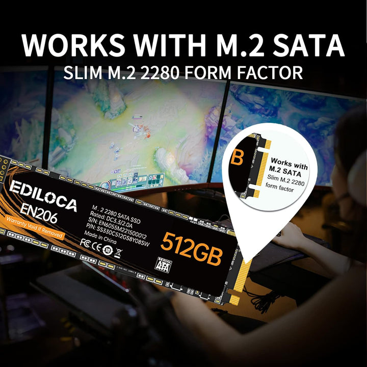 Ediloca EN206 512GB 3D NAND TLC M.2 SSD, M.2 2280 SATA III 6Gb/s SSD interne Festplatte, Lese-/Schre