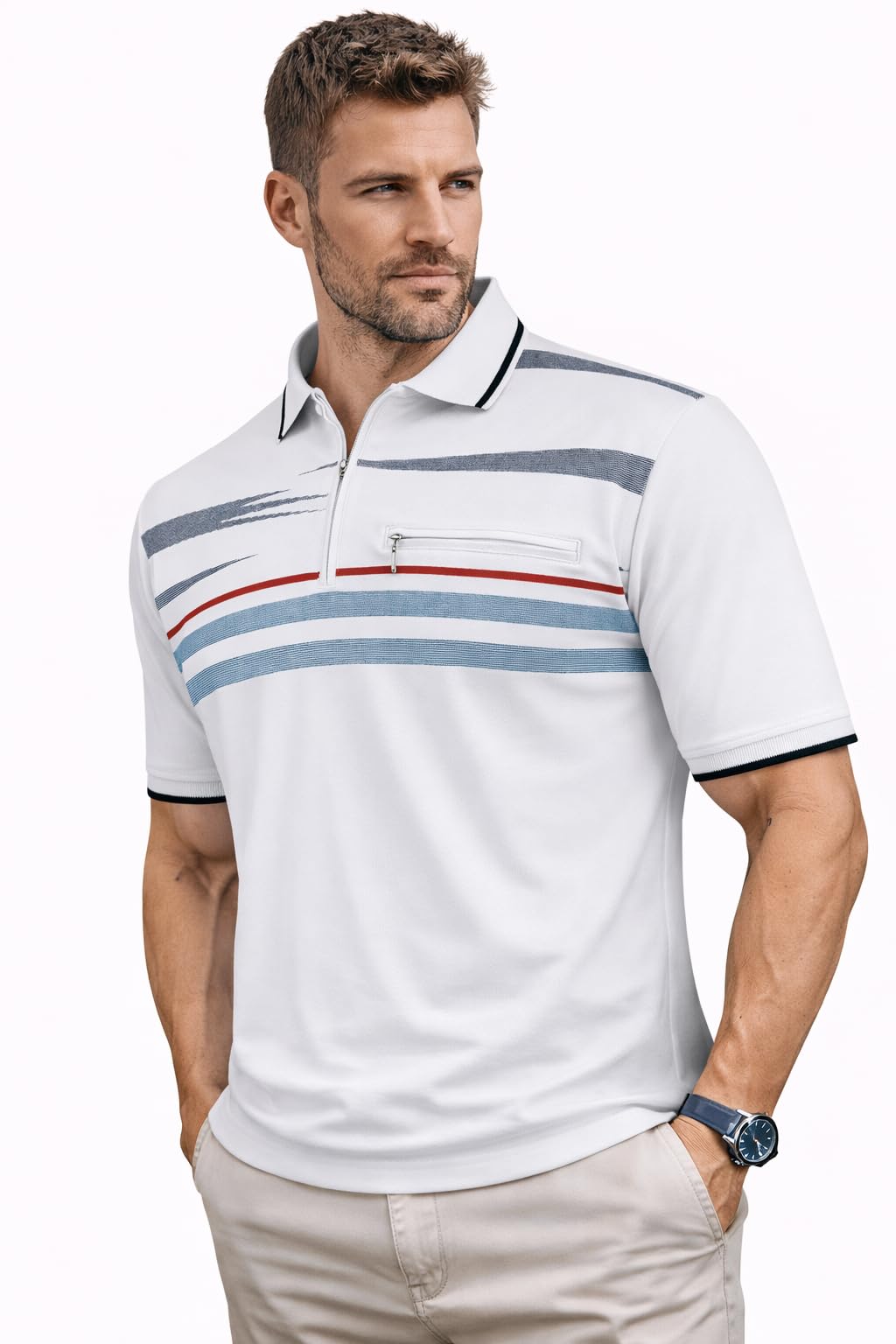Soltice Herren Kurzarm Poloshirt, Polohemd, Gestreifte Blousonshirt mit Brusttasche aus Baumwoll-Mix
