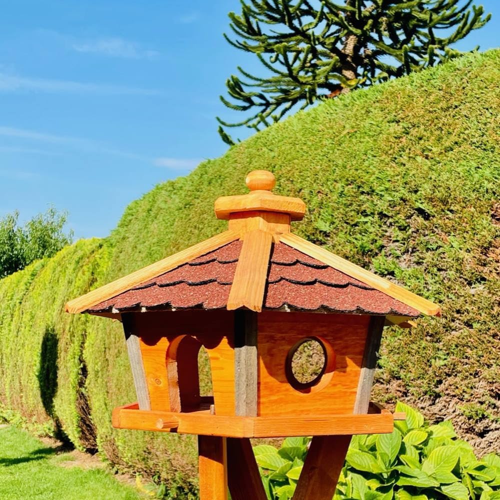 Vogel Futter Haus L oder XL Sechseck Holz Vogelhaus Futterstelle Braun/Blau, Rot, Schwarz und Grün (