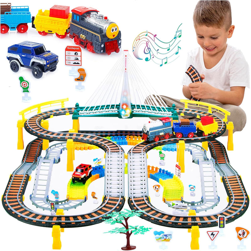 Kinderplay Elektrische Eisenbahn mit Rennbahn - Bahngleise, Autorennbahn, Batteriebetriebener Zug, 2