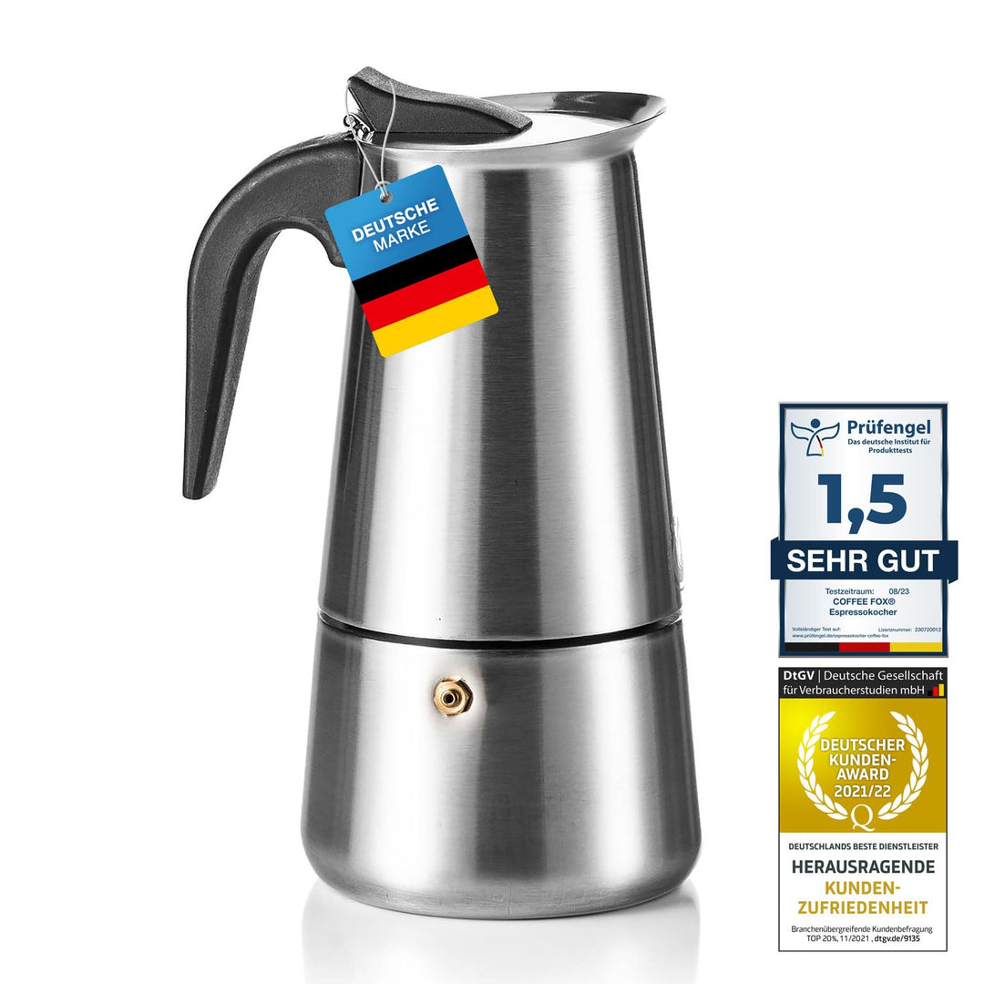 Coffee Fox® Espressokocher aus Edelstahl - Kaffeebereiter Kaffeekocher Espresso-Kanne (9 Tassen - 45