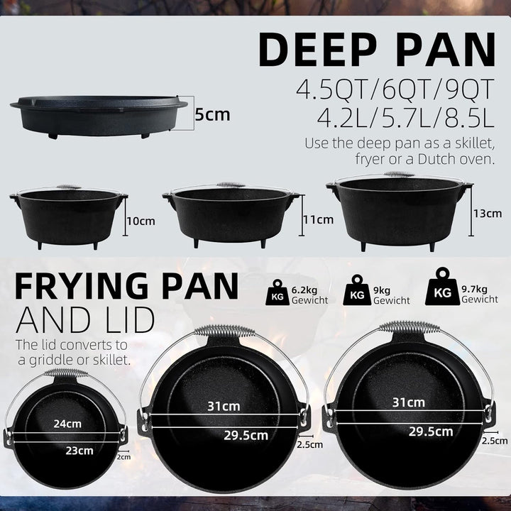 CCLIFE Dutch Oven Set 4/6/9 Liter Gusseisen Grilltopf mit Feuertopf Gusseisen Topf für Grill Camping