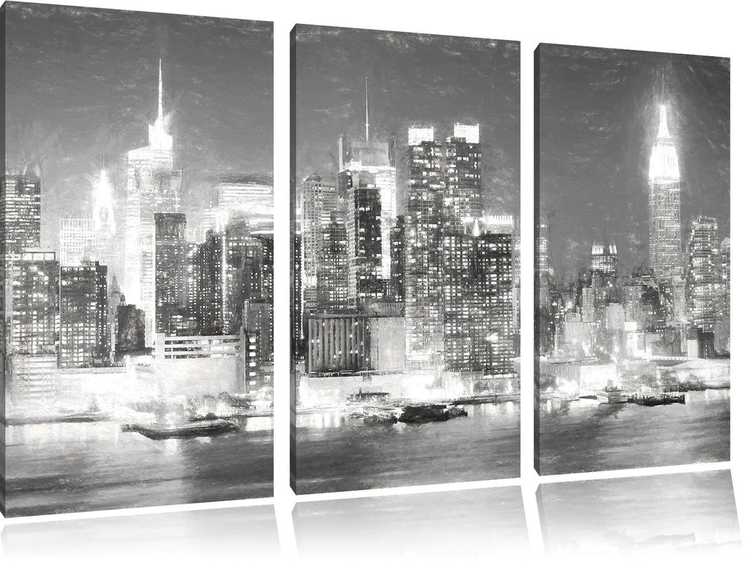 Pixxprint New York City Skyline bei Nacht Kohle Effekt 3-Teiler Leinwandbild 120x80 Bild auf Leinwan