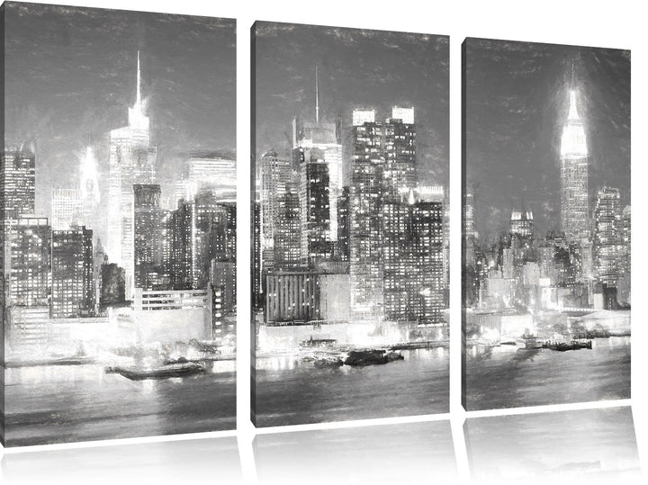 Pixxprint New York City Skyline bei Nacht Kohle Effekt 3-Teiler Leinwandbild 120x80 Bild auf Leinwan