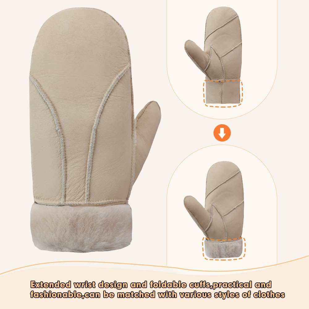MGGMOKAY Damen Fäustlinge für Winter Damen Lammfell Shearling Fäustlinge Winter Lederhandschuh S Bei