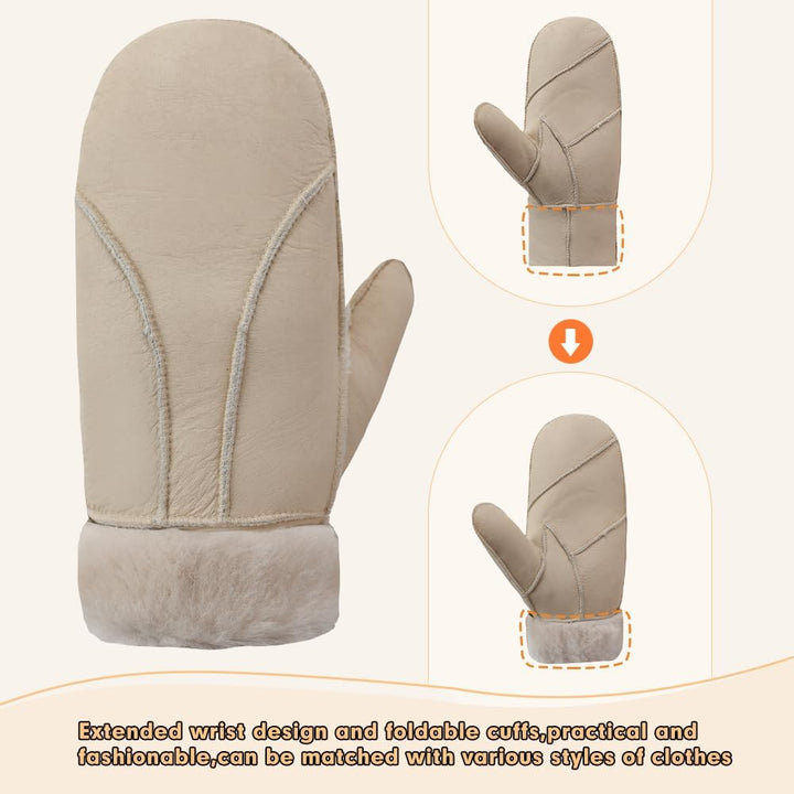 MGGMOKAY Damen Fäustlinge für Winter Damen Lammfell Shearling Fäustlinge Winter Lederhandschuh XL Be