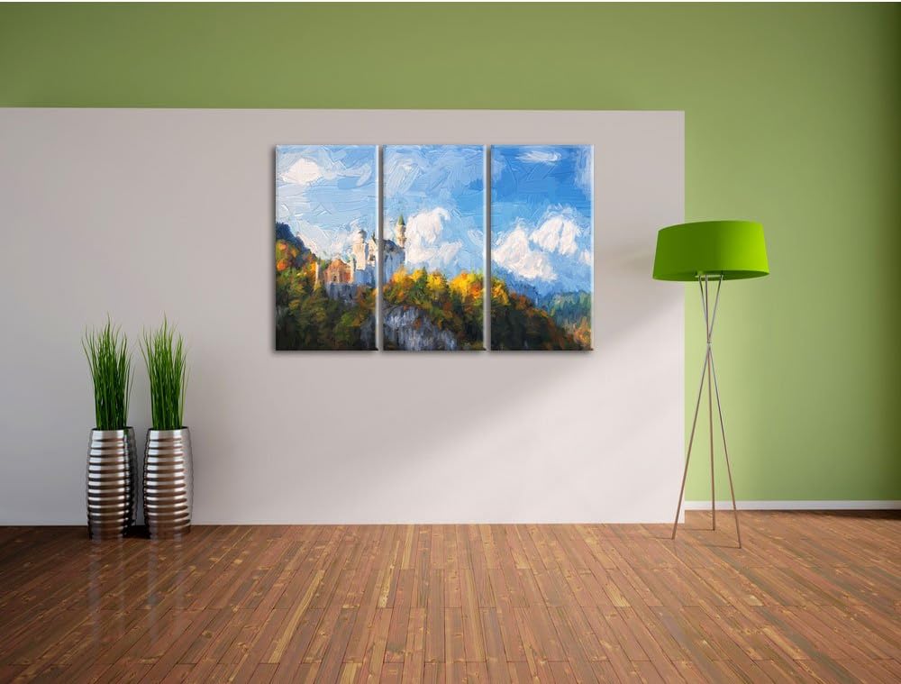 Pixxprint Schloss Neuschwanstein / 3-Teilig/Gesamtmass 120cm Leinwandbild bespannt auf Holzrahmen/Wa