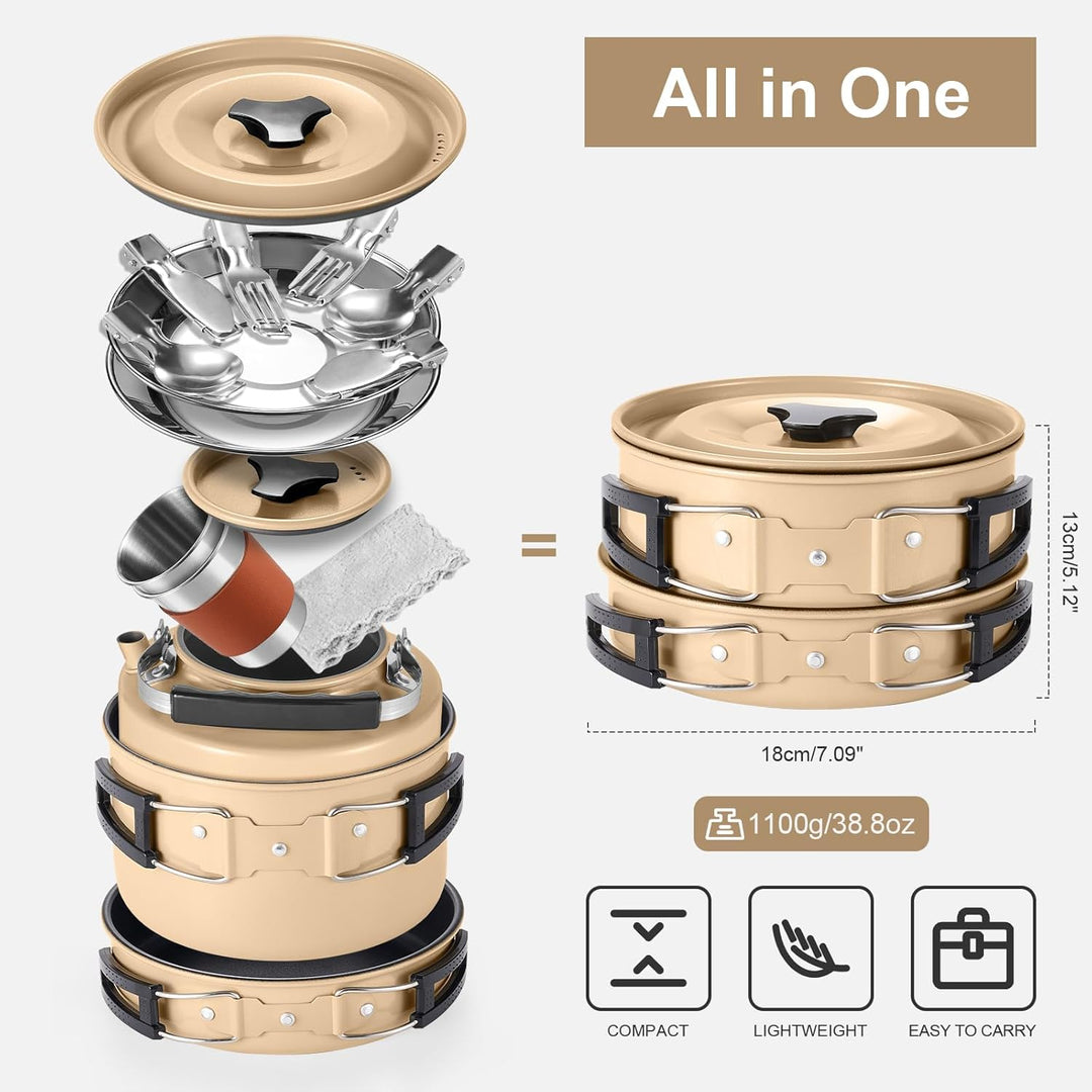 Odoland Camping Kochgeschirr Set Antihaft-Topf und Pfanne Set mit Wasserkocher, Edelstahl Utensilien