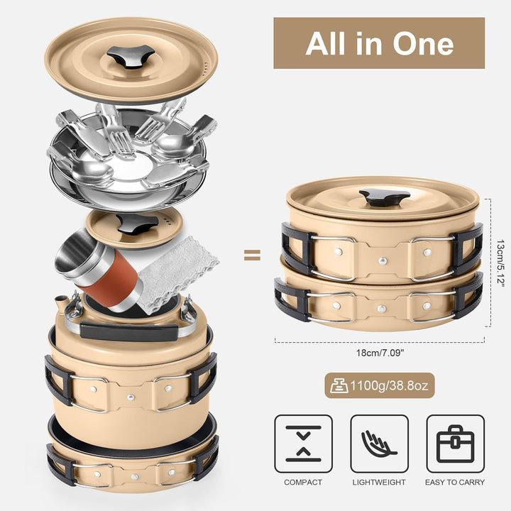 Odoland Camping Kochgeschirr Set Antihaft-Topf und Pfanne Set mit Wasserkocher, Edelstahl Utensilien