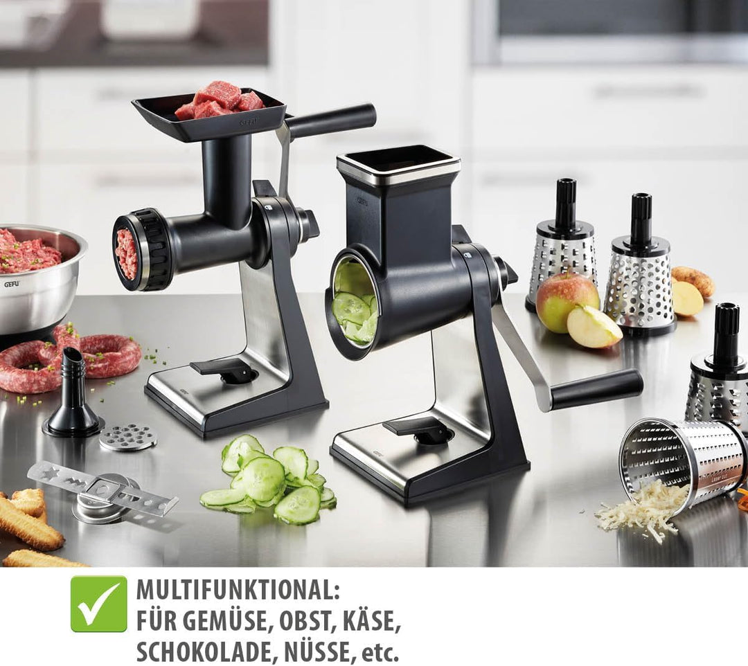 GEFU Set Trommelreibe & Fleischwolfvorsatz TRANSFORMA – Multifunktional mit Laser Cut Trommeln, Wurs