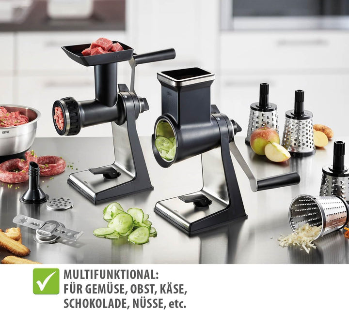 GEFU Set Trommelreibe & Fleischwolfvorsatz TRANSFORMA – Multifunktional mit Laser Cut Trommeln, Wurs