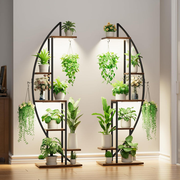 BACEKOLL 6 Ebenen Blumenständer mit Wachstumslichtern - Metall Holz Pflanzenregal - 160CM Innen Blum