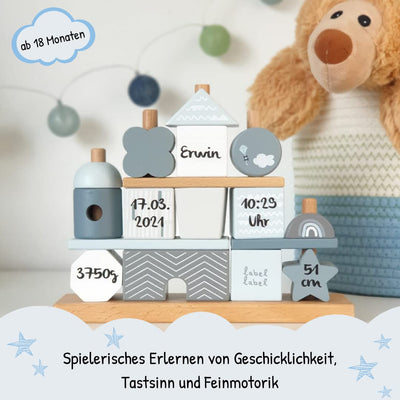 Steckspiel Haus blau I Personalisierbares Geschenk zur Geburt Jungen I Handmade Holzspielzeug I Pers