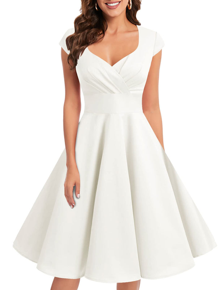 Bbonlinedress 1950er Vintage Retro Cocktailkleid Rockabilly V-Ausschnitt Faltenrock M White (Creme),