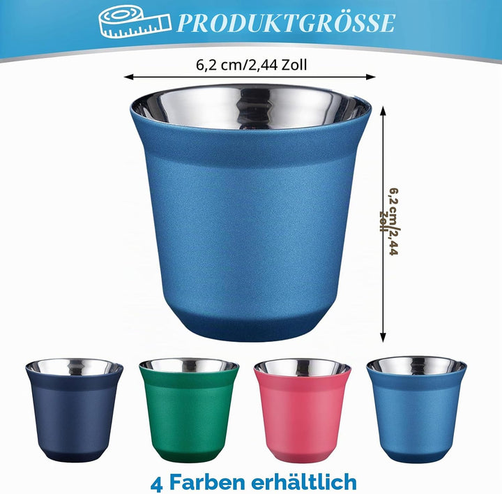 2er-Set Edelstahl Espressotassen Dickwandig, 80ml, Zylindrisch, Isoliert, Wiederverwendbar, 6,2 x 6,