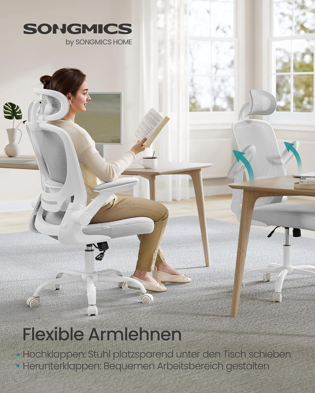 SONGMICS Bürostuhl ergonomisch, Drehstuhl mit Mesh, Lenden- und Kopfstütze, Wippfunktion, 53 cm gros