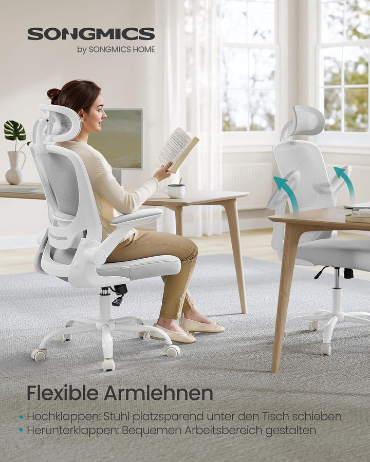 SONGMICS Bürostuhl ergonomisch, Drehstuhl mit Mesh, Lenden- und Kopfstütze, Wippfunktion, 53 cm gros