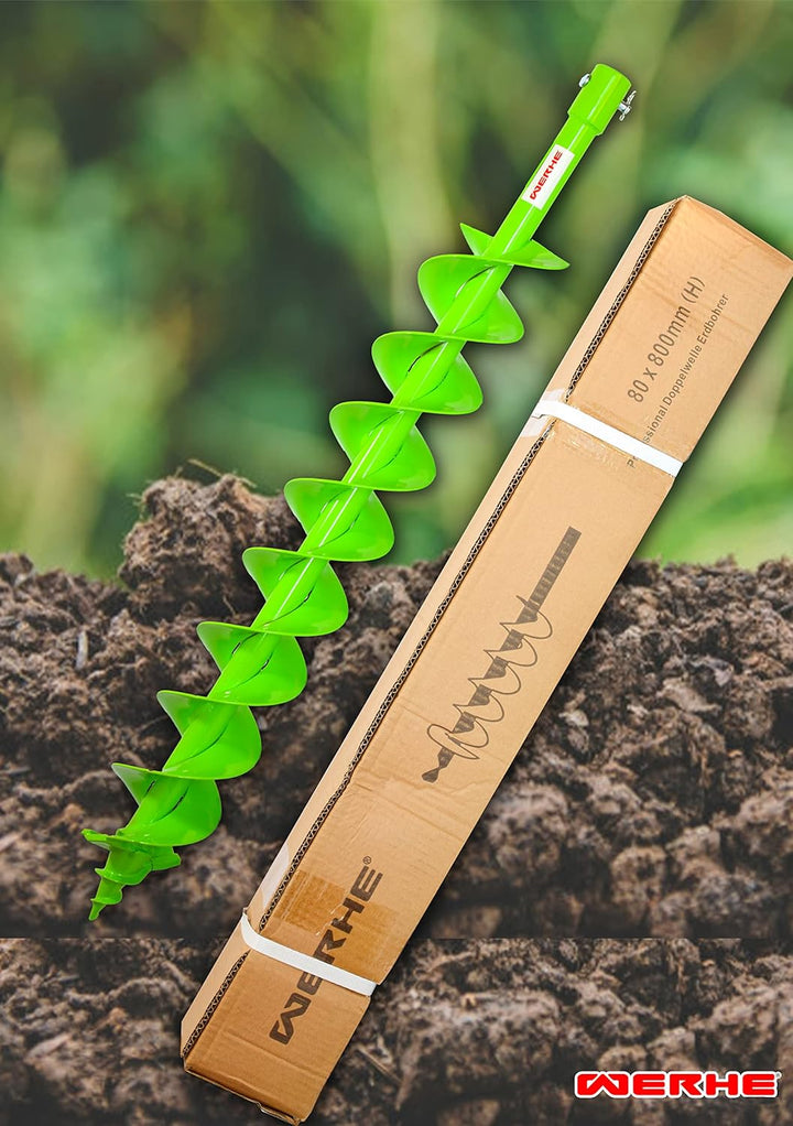 WERHE® Profi Bohrer VollStahl, Erdbohrer für bohrmaschine 80 mm Doppel-Welle extrem robust mit Hex A