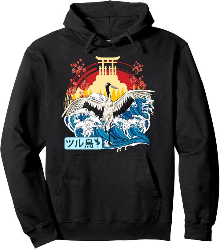 Japanischer Kranich Vogel Great Wave Kanagawa Japan Vintage Art Pullover Hoodie