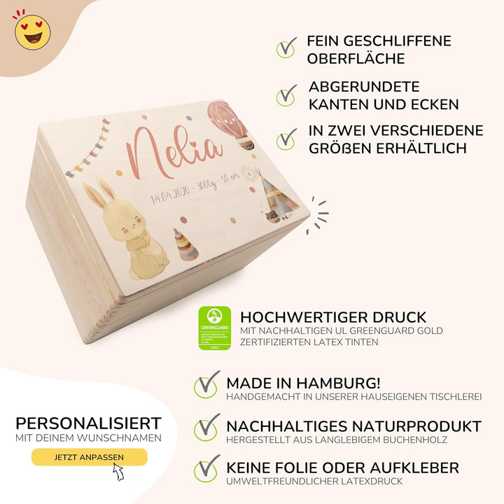 KIDSMOOD - Erinnerungsbox Baby, personalisierte Holzkiste mit Deckel, Ideal zur Aufbewahrung von Eri