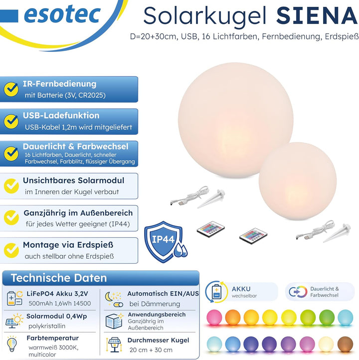 Esotec Solarkugeln Siena, 2er Set, Multicolor, 20+30cm, Fernbedienung, USB, 16 Leuchtfarben, Akku, S