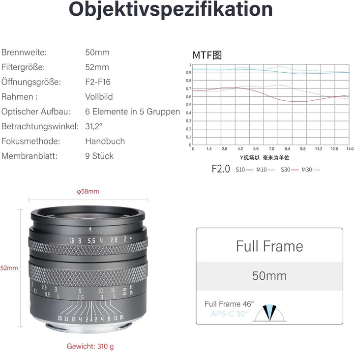 AstrHori 50mm F2.0 Objektiv mit grosser Blende Manuelles Vollformat-Objektiv Kompatibel mit Fuji Fuj