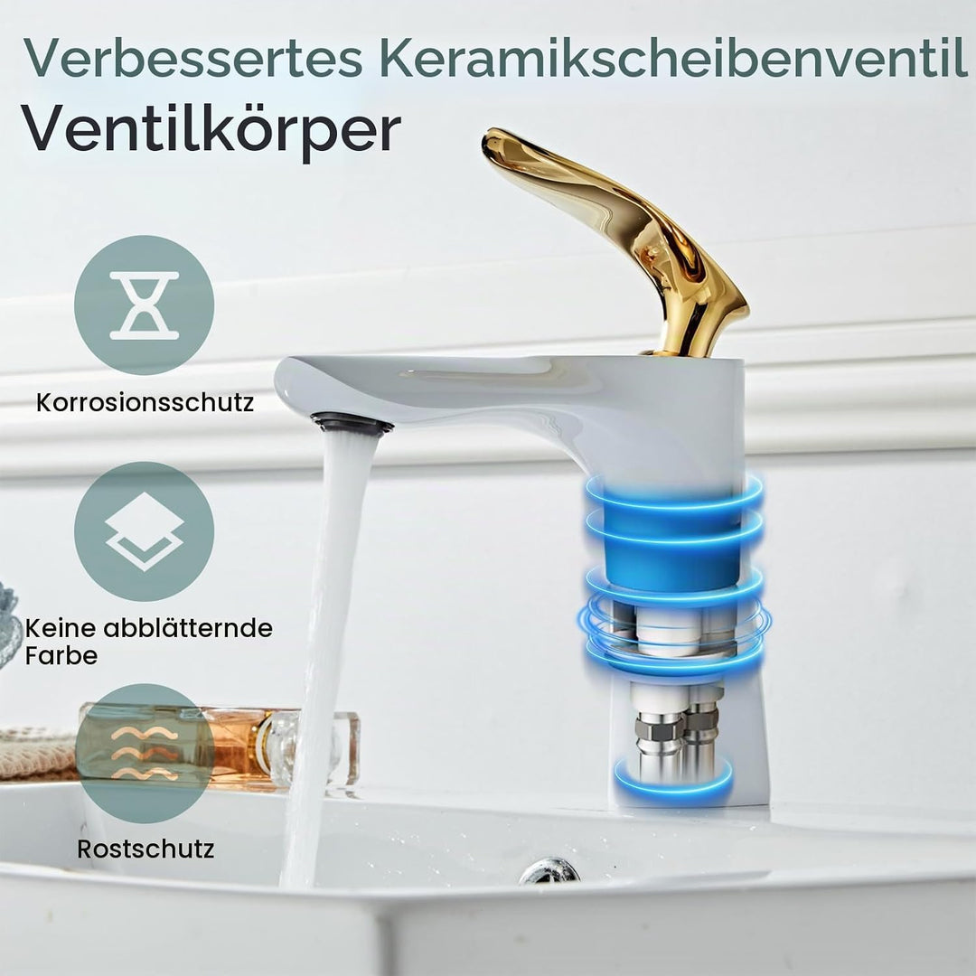Leekayer Badezimmerarmatur weiss Gold Waschtischarmatur Einzelloch Deckmontage 1-Griff Waschbecken W