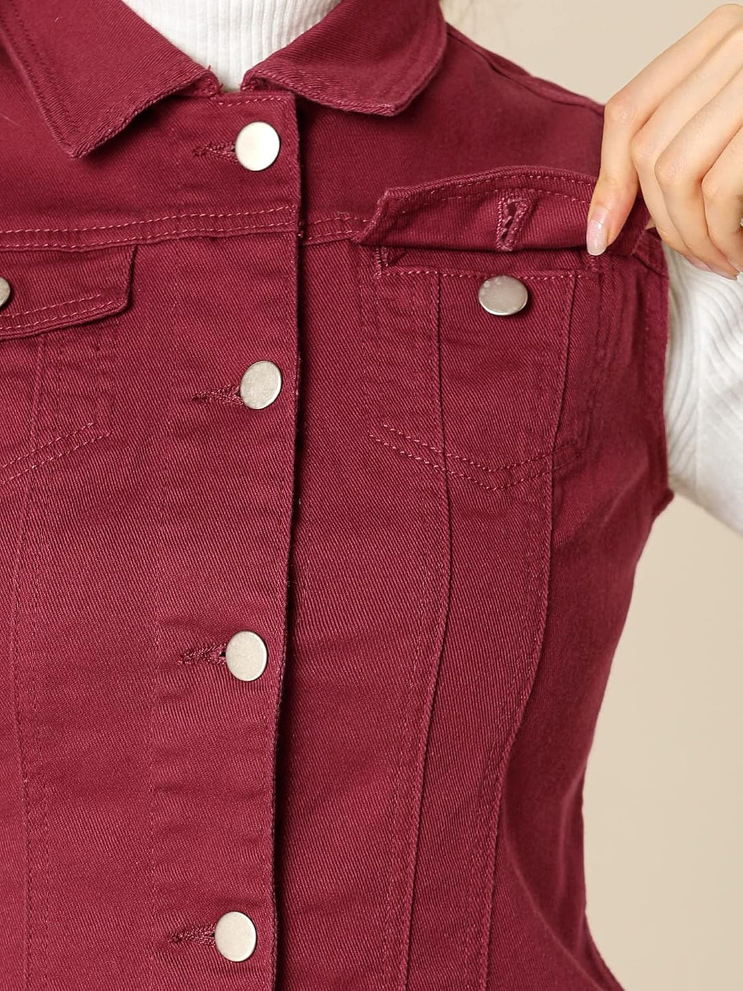 Allegra K Damen Jeansweste Ärmellos Knopfleiste Denim Rever Jacke Westen mit Taschen S Burgund, S Bu