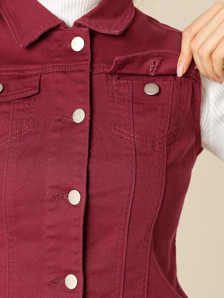 Allegra K Damen Jeansweste Ärmellos Knopfleiste Denim Rever Jacke Westen mit Taschen S Burgund, S Bu
